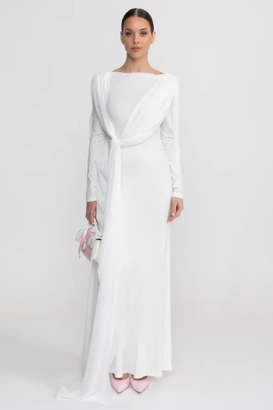 Draped Long Sleeve Maxi Dress With Cape Overlay With Knot Front Detail  - White made by Sierra darien