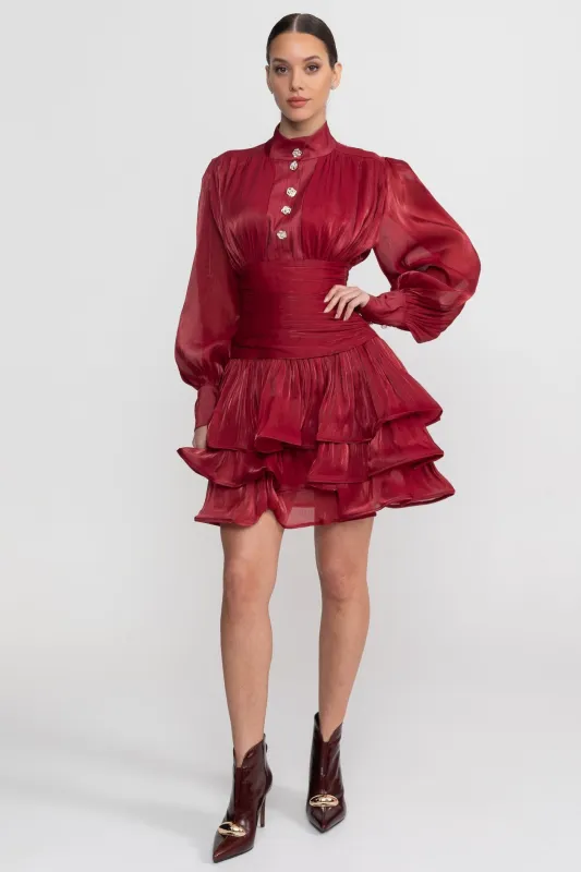 Draped Long Sleeve Mini Dress With Tiered Ruffle Skirt - Red made by Sierra darien