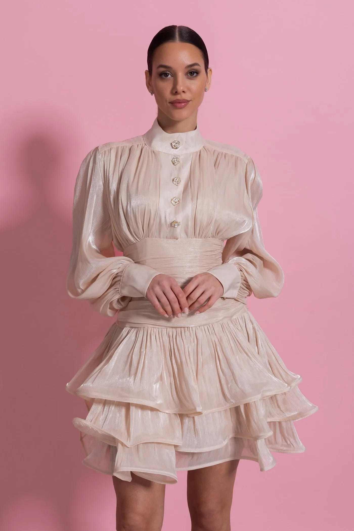 Draped Long Sleeve Mini Dress With Tiered Ruffle Skirt - Champagne sold by Sierra darien product image thumbnail 4
