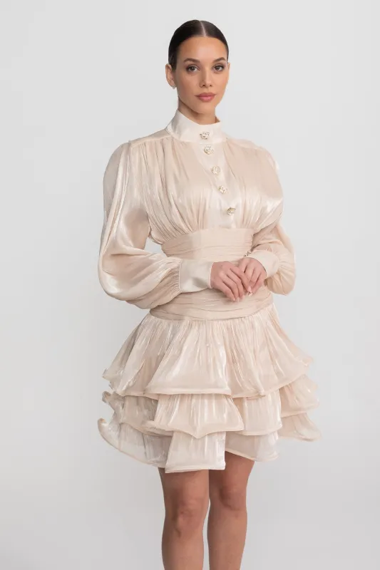 Draped Long Sleeve Mini Dress With Tiered Ruffle Skirt - Champagne made by Sierra darien