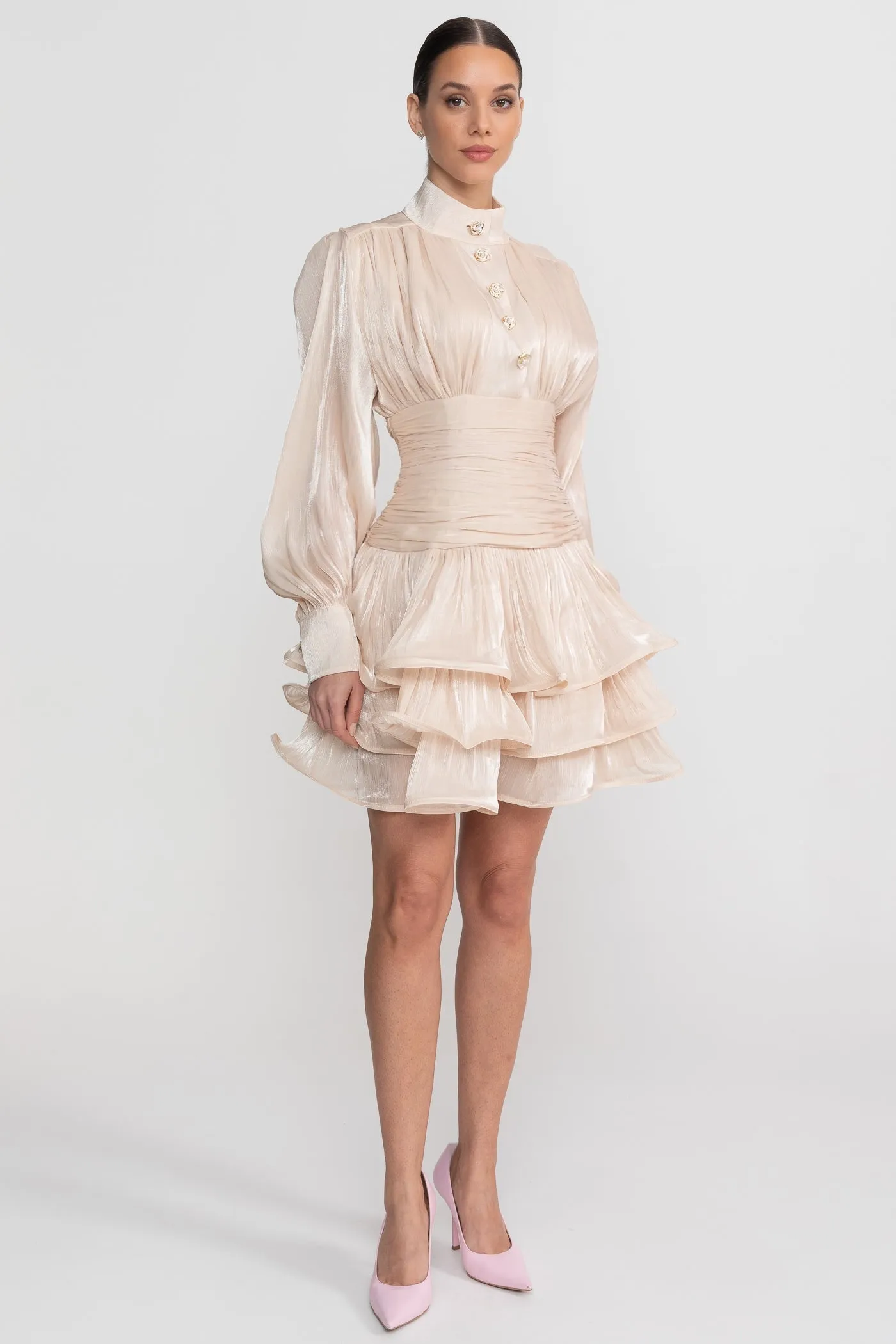 Draped Long Sleeve Mini Dress With Tiered Ruffle Skirt - Champagne sold by Sierra darien product image thumbnail 3