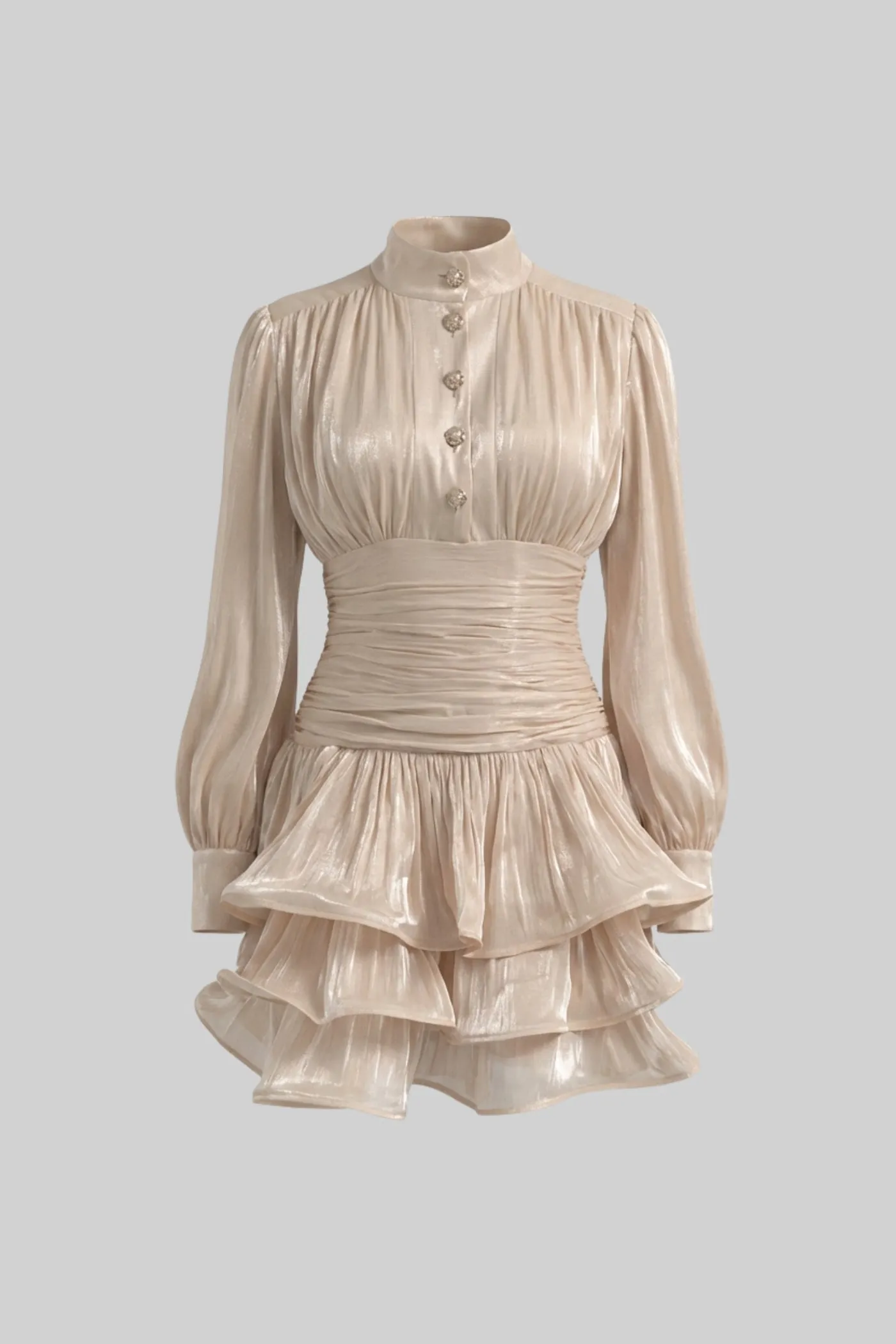 Draped Long Sleeve Mini Dress With Tiered Ruffle Skirt - Champagne sold by Sierra darien product image thumbnail 2