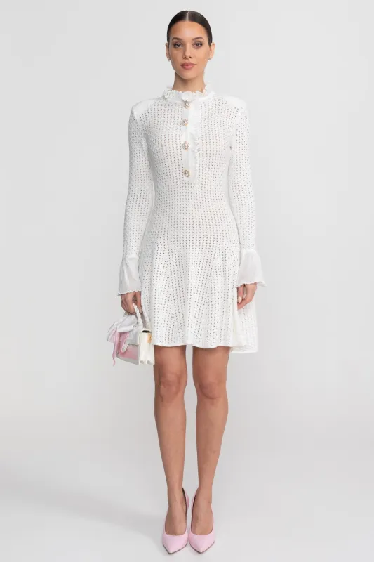 Open-Knit Mini Dress With Ruffle High Neck And Pearl Button Placket - White made by Sierra darien