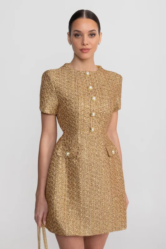 Tweed Mini Dress With Round Neckline And Pearl Button Detail - Gold made by Sierra darien