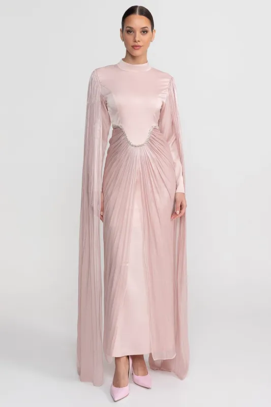 Long Sleeve Maxi Dress With Draped Overlay And Crystal Waist Trim - Blush Pink made by Sierra darien