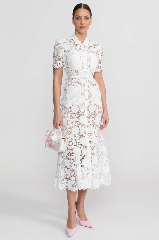 Lace Short Sleeve Midi Dress With Collared Neckline And Belted Waist - White made by Sierra darien