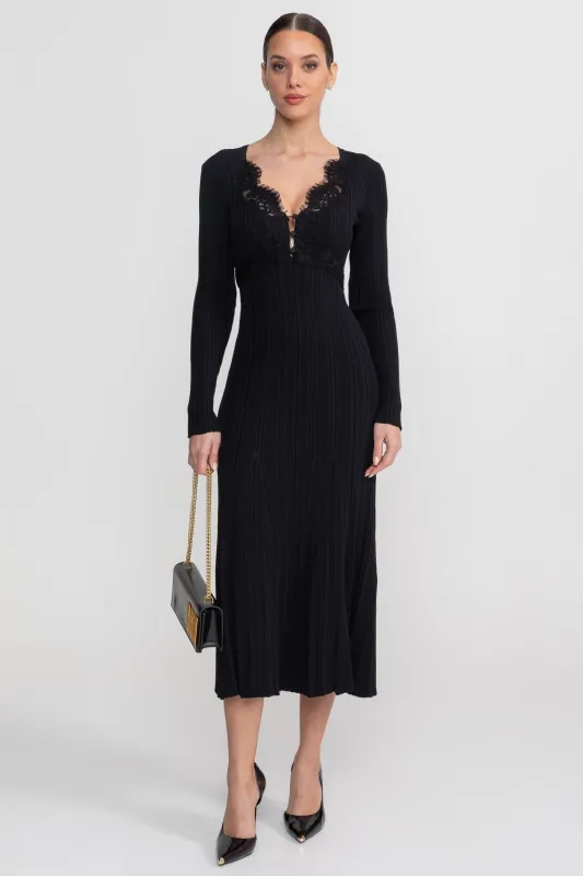 Ribbed Long Sleeve Midi Dress With Lace-Trim V-Neckline - Black made by Sierra darien