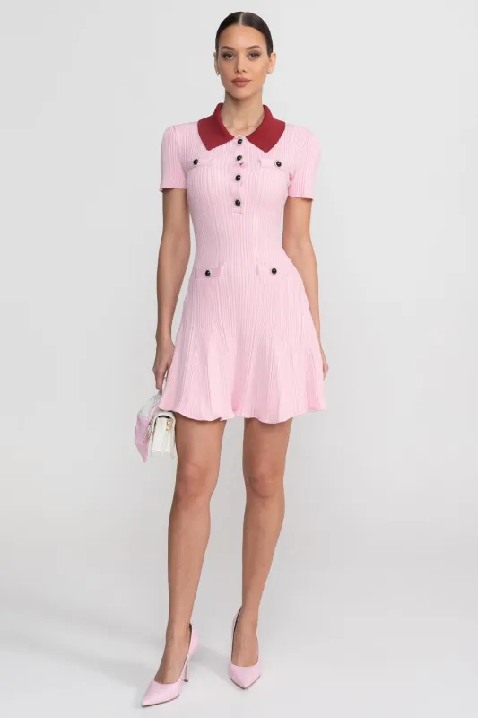 Ribbed Short Sleeve Mini Dress With Contrast Collar And Button Front Detail - Blush Pink made by Sierra darien