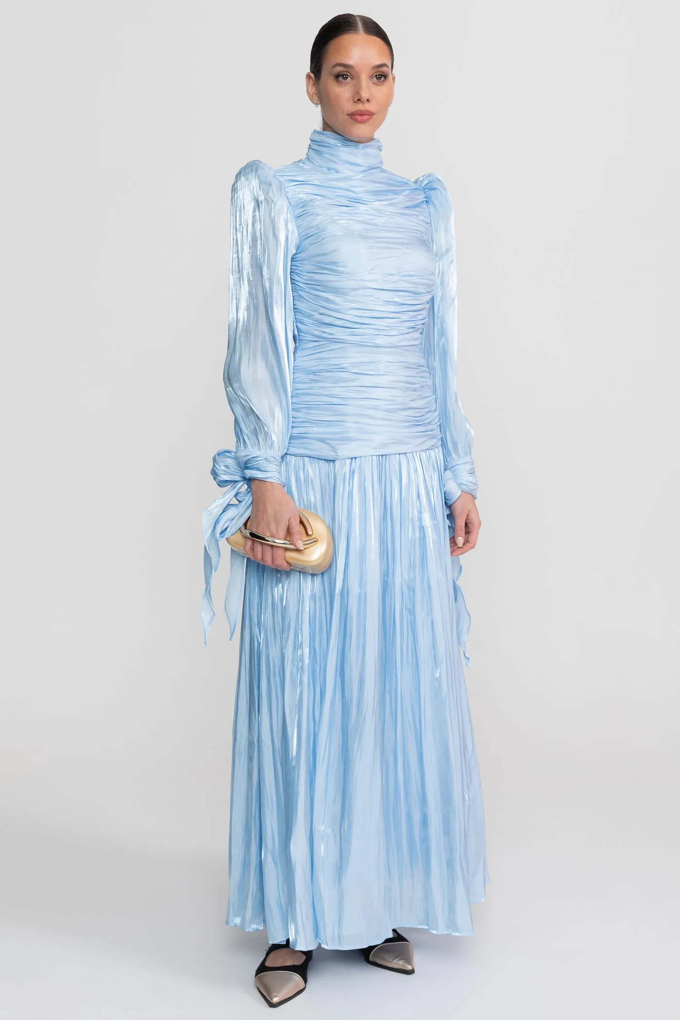 Ruched Long Sleeve Maxi Dress With Pleated Skirt - Sky Blue sold by Sierra darien product image thumbnail 3