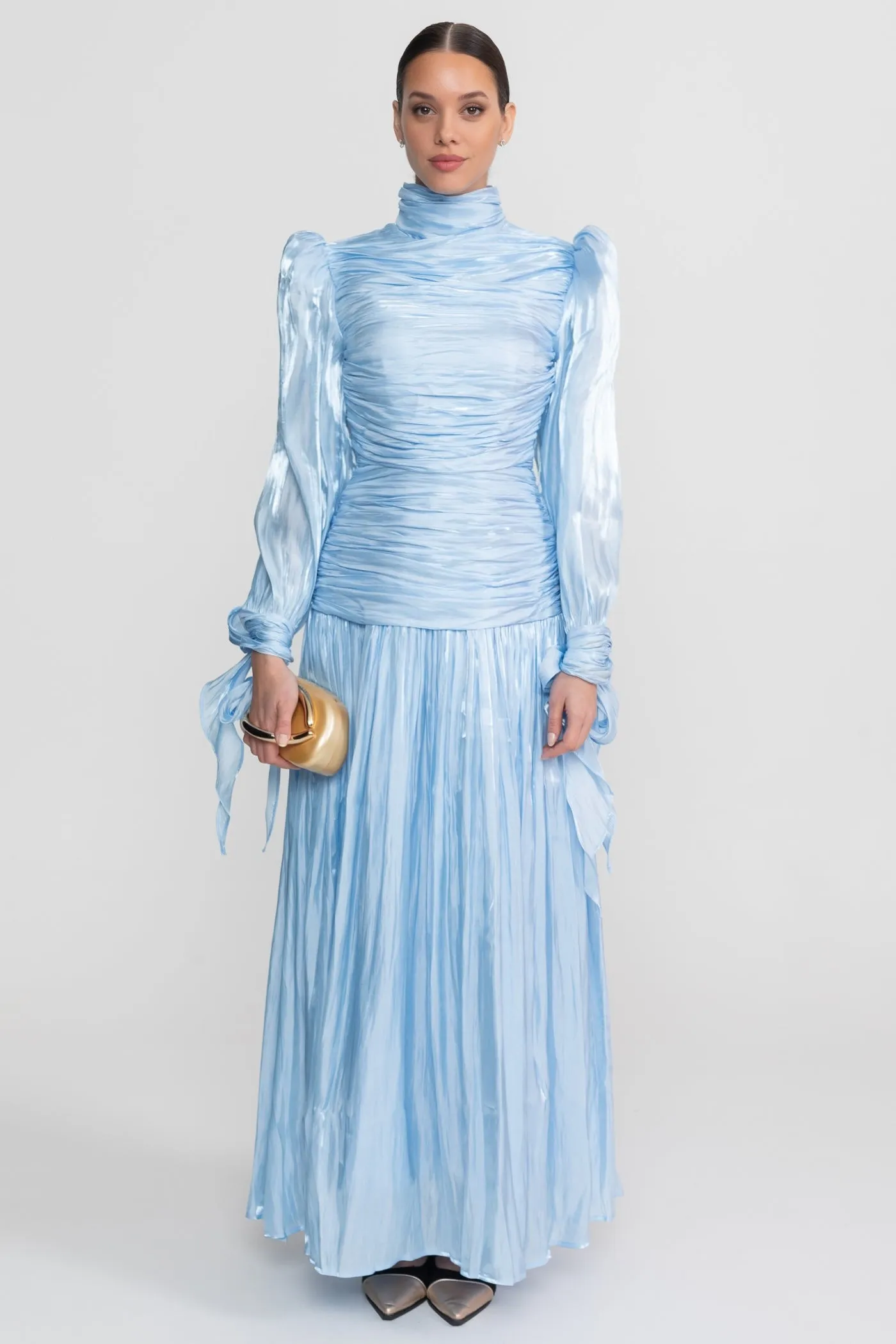 Ruched Long Sleeve Maxi Dress With Pleated Skirt - Sky Blue sold by Sierra darien