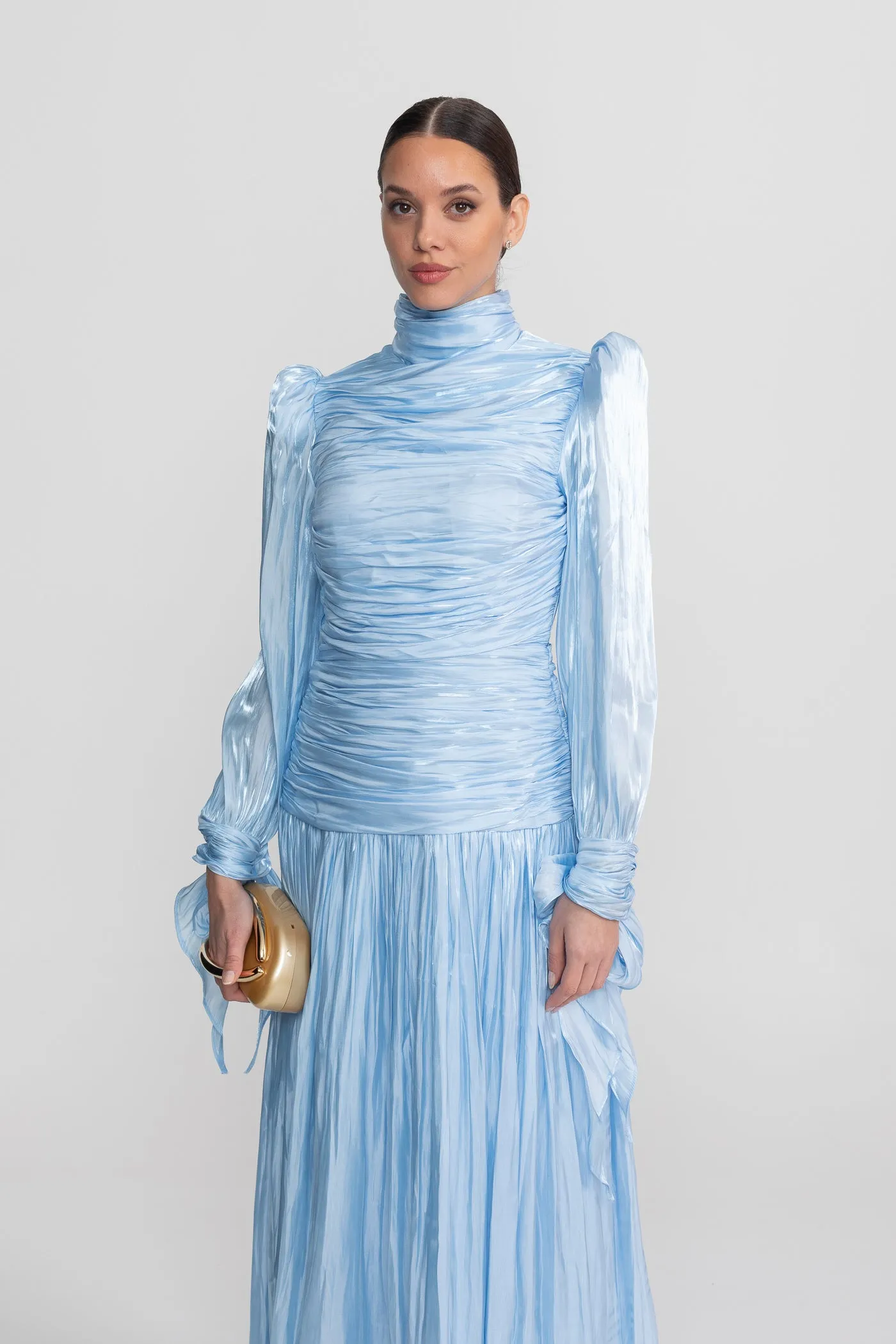 Ruched Long Sleeve Maxi Dress With Pleated Skirt - Sky Blue sold by Sierra darien product image thumbnail 4