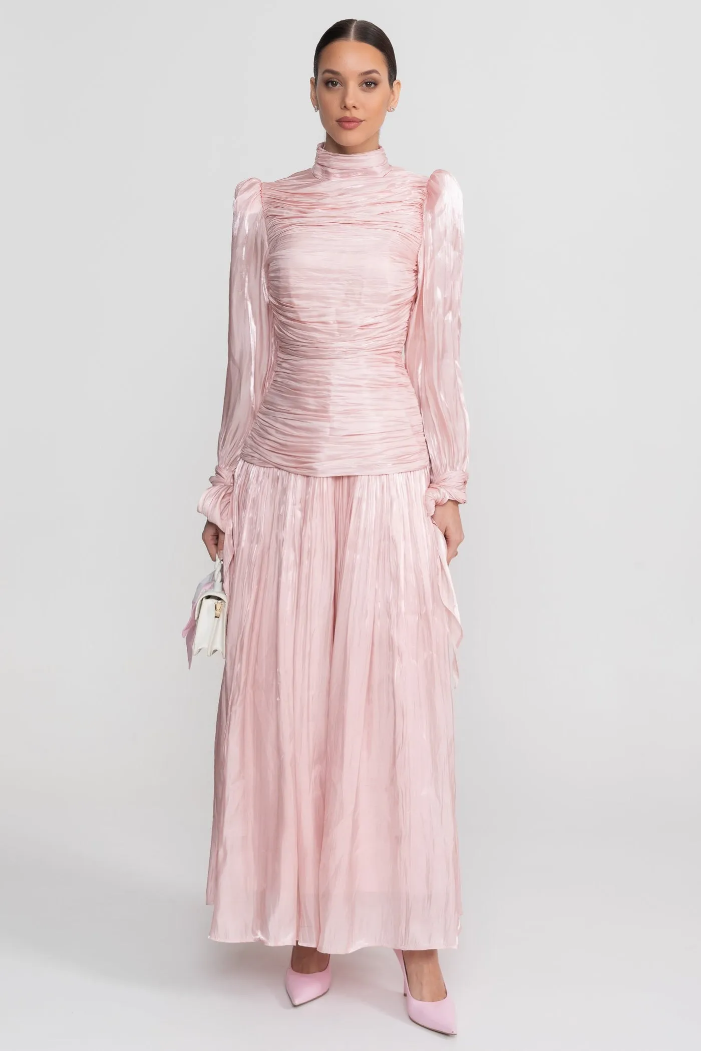 Ruched Long Sleeve Maxi Dress With Pleated Skirt - Blush Pink sold by Sierra darien product image thumbnail 4