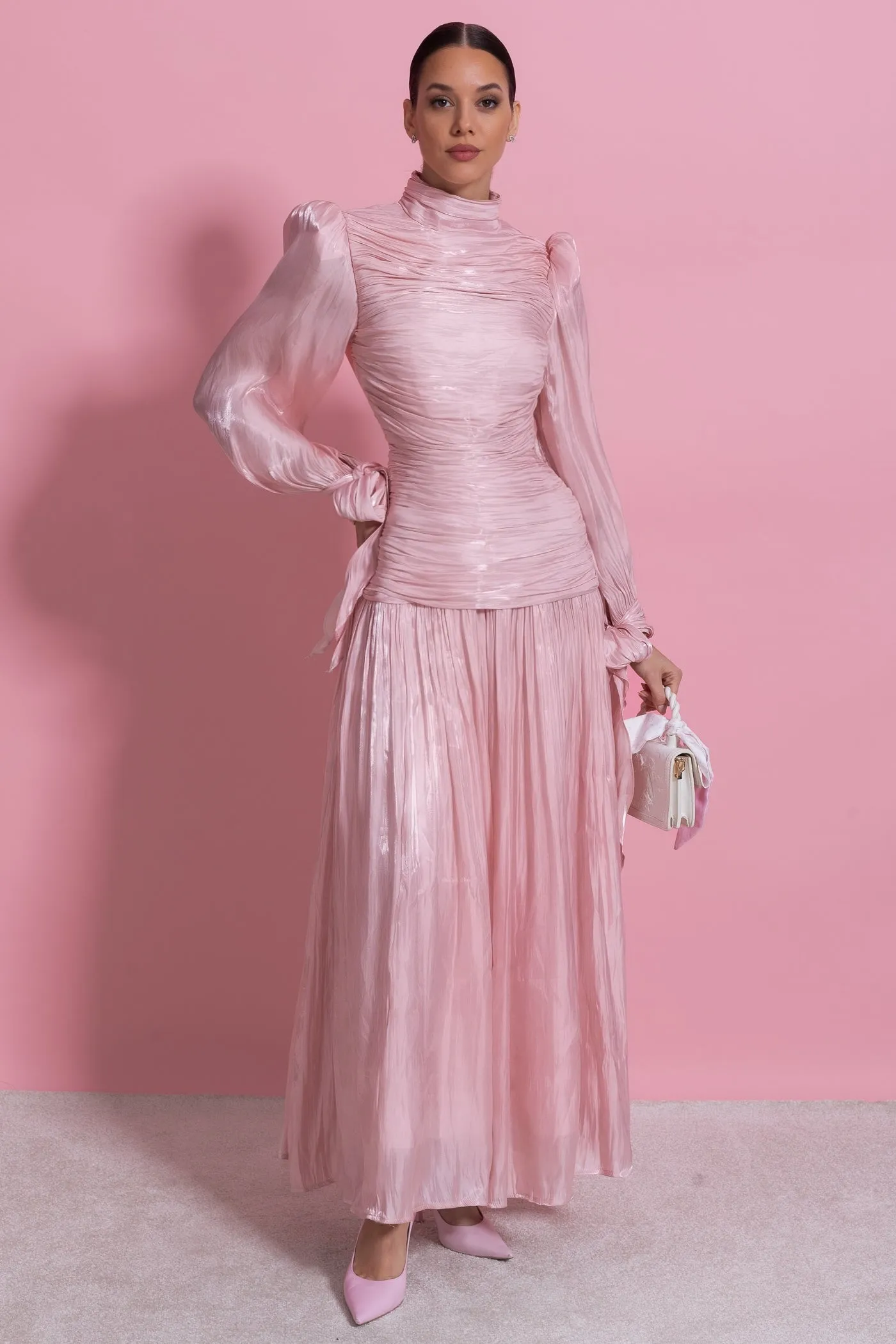 Ruched Long Sleeve Maxi Dress With Pleated Skirt - Blush Pink sold by Sierra darien product image thumbnail 3