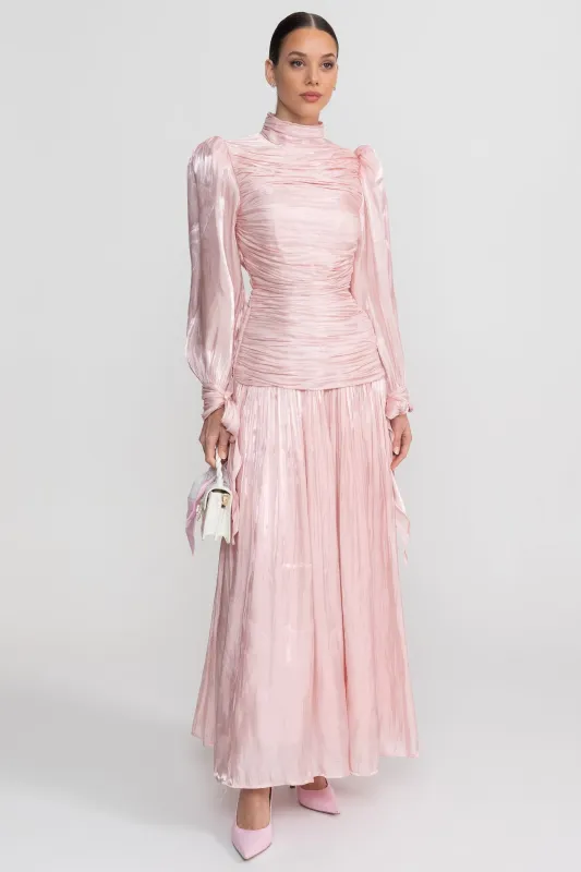 Ruched Long Sleeve Maxi Dress With Pleated Skirt - Blush Pink made by Sierra darien