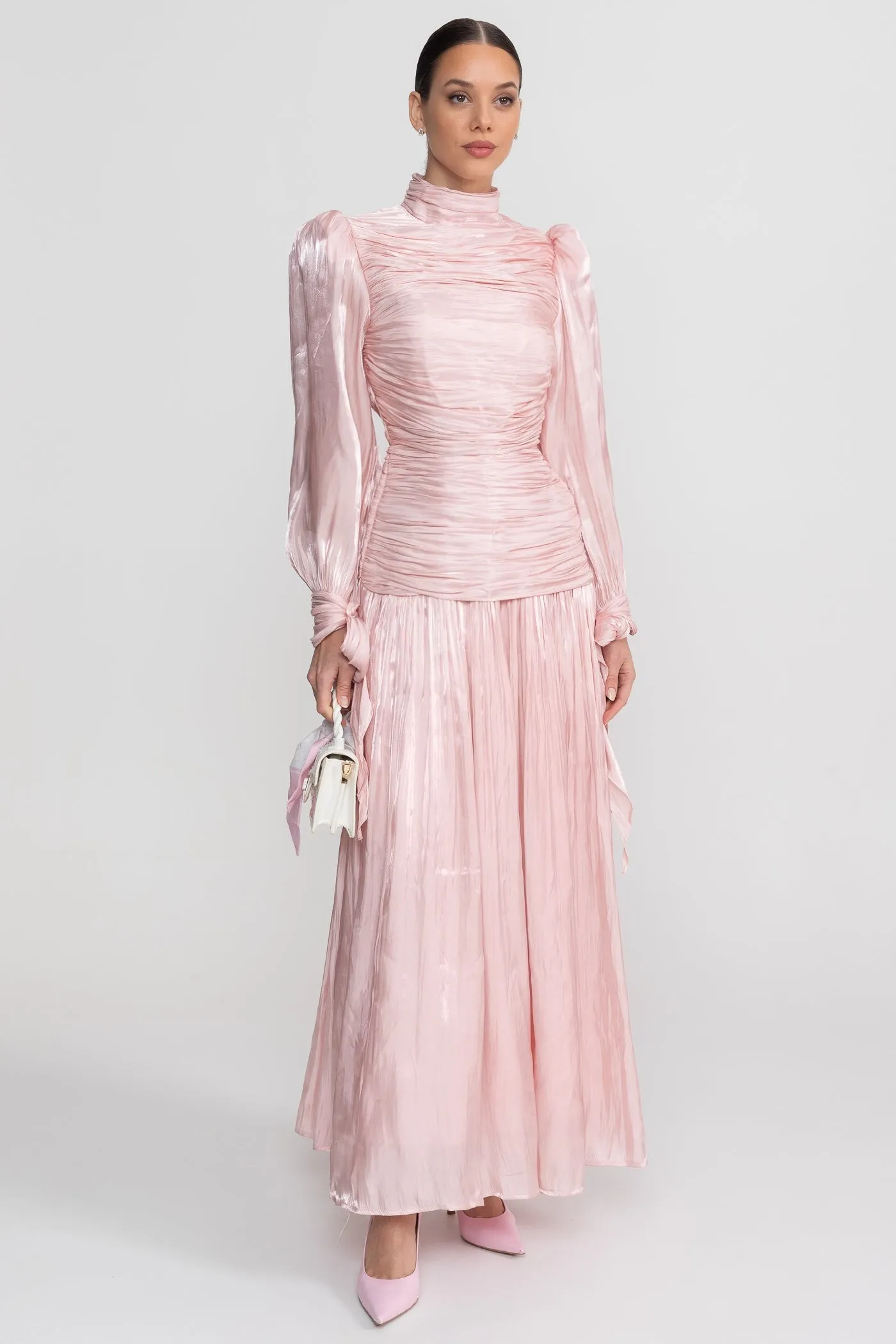 Ruched Long Sleeve Maxi Dress With Pleated Skirt - Blush Pink sold by Sierra darien
