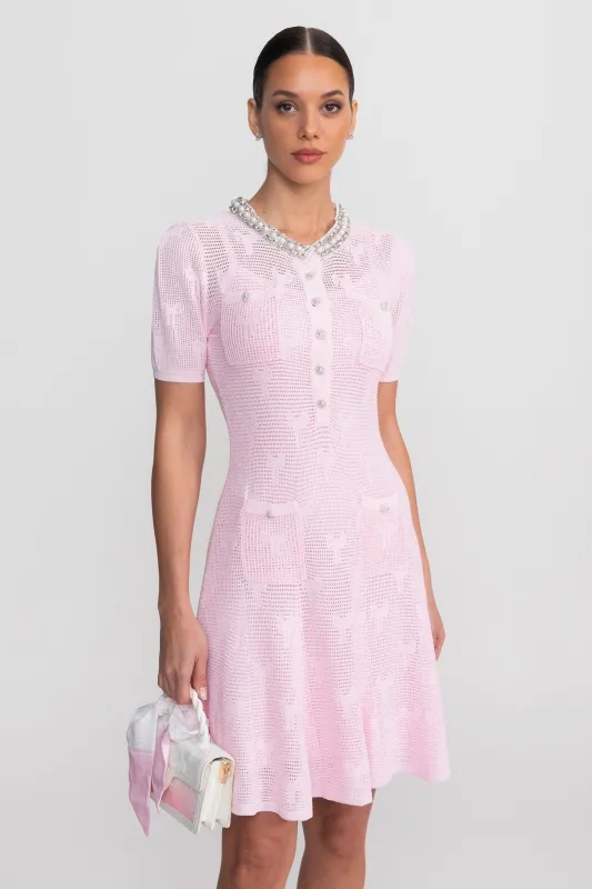 Textured Short Sleeve Mini Dress With Pearl Trim Neckline And Crystal Buttons - Pink made by Sierra darien