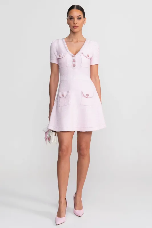Textured Short Sleeve Mini Dress With V-Neckline And Jewel Buttons - Pink made by Sierra darien