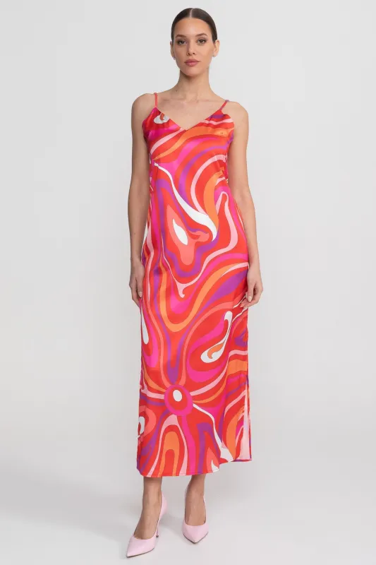 Printed Strappy Midi Dress With Abstract Swirl Pattern - Red made by Sierra darien
