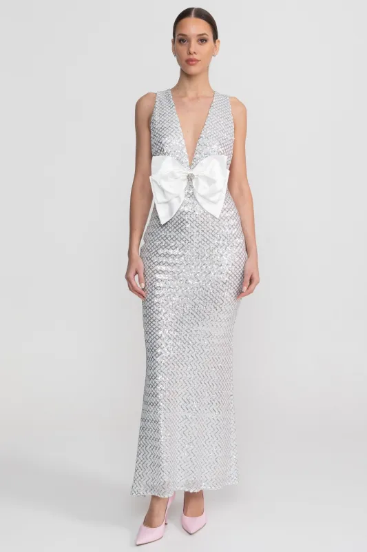 Sequin Maxi Dress With Satin Bow Detail - Light Grey made by Sierra darien