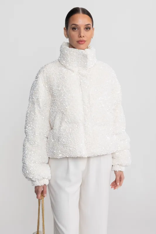 Sequin Puffer Jacket With High Stand Collar – White made by Sierra darien