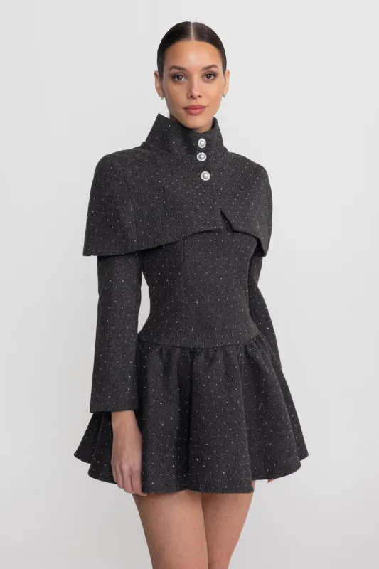 Long Sleeve Mini Dress With Detachable Cape Overlay - Charcoal made by Sierra darien
