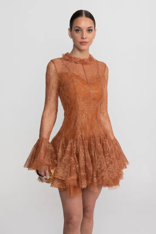 Sheer Lace Long Sleeve Mini Dress With Ruffled Hem - Rust made by Sierra darien