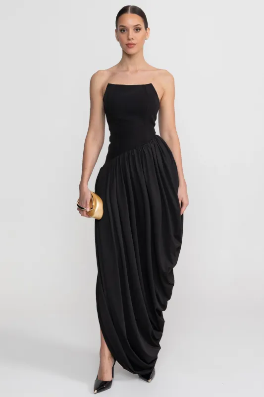 Strapless Maxi Dress With Asymmetric Draped Skirt - Black made by Sierra darien