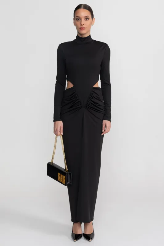 High Neck Maxi Dress With Long Sleeves And Waist Cut-Out Detail - Black made by Sierra darien