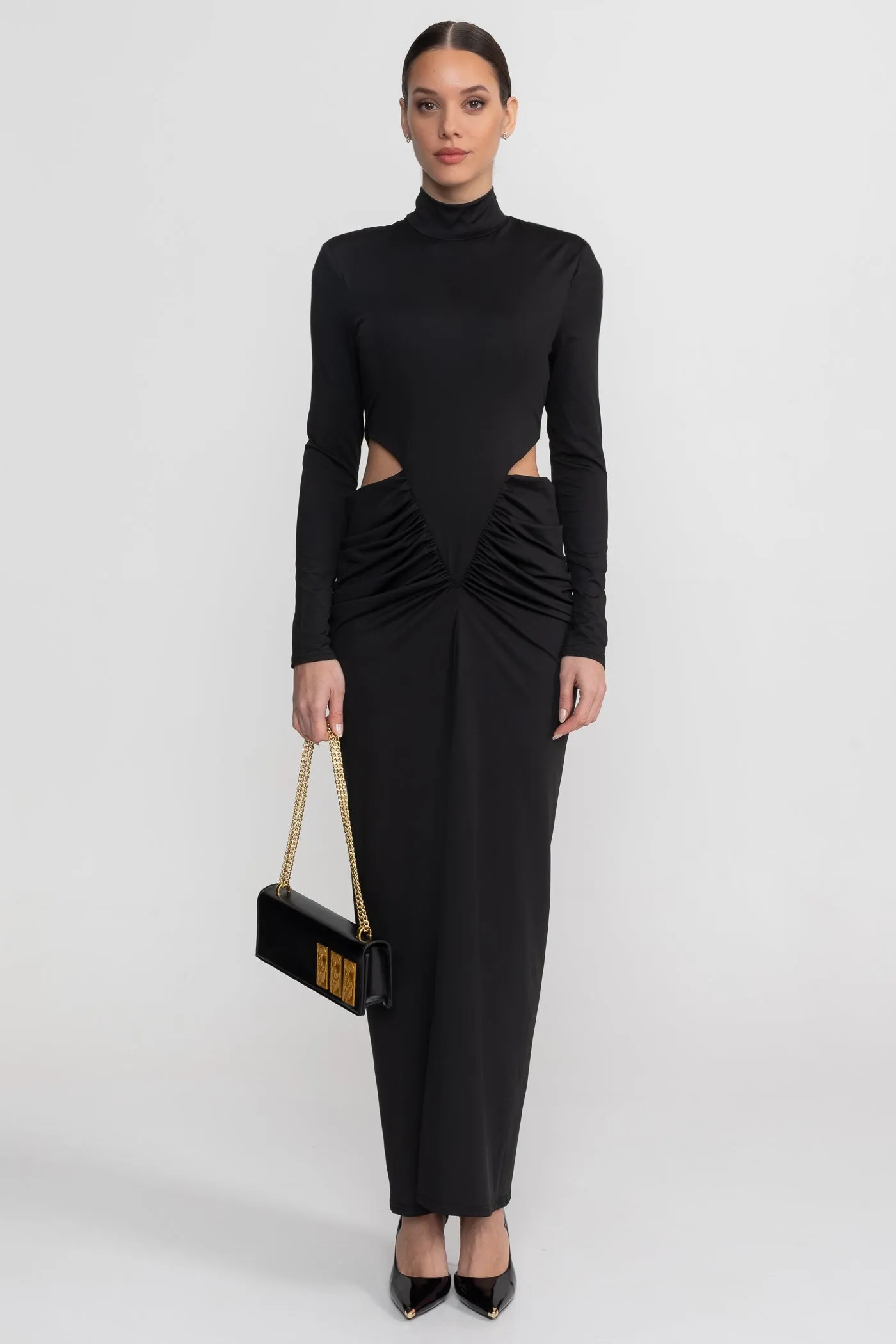 High Neck Maxi Dress With Long Sleeves And Waist Cut-Out Detail - Black sold by Sierra darien