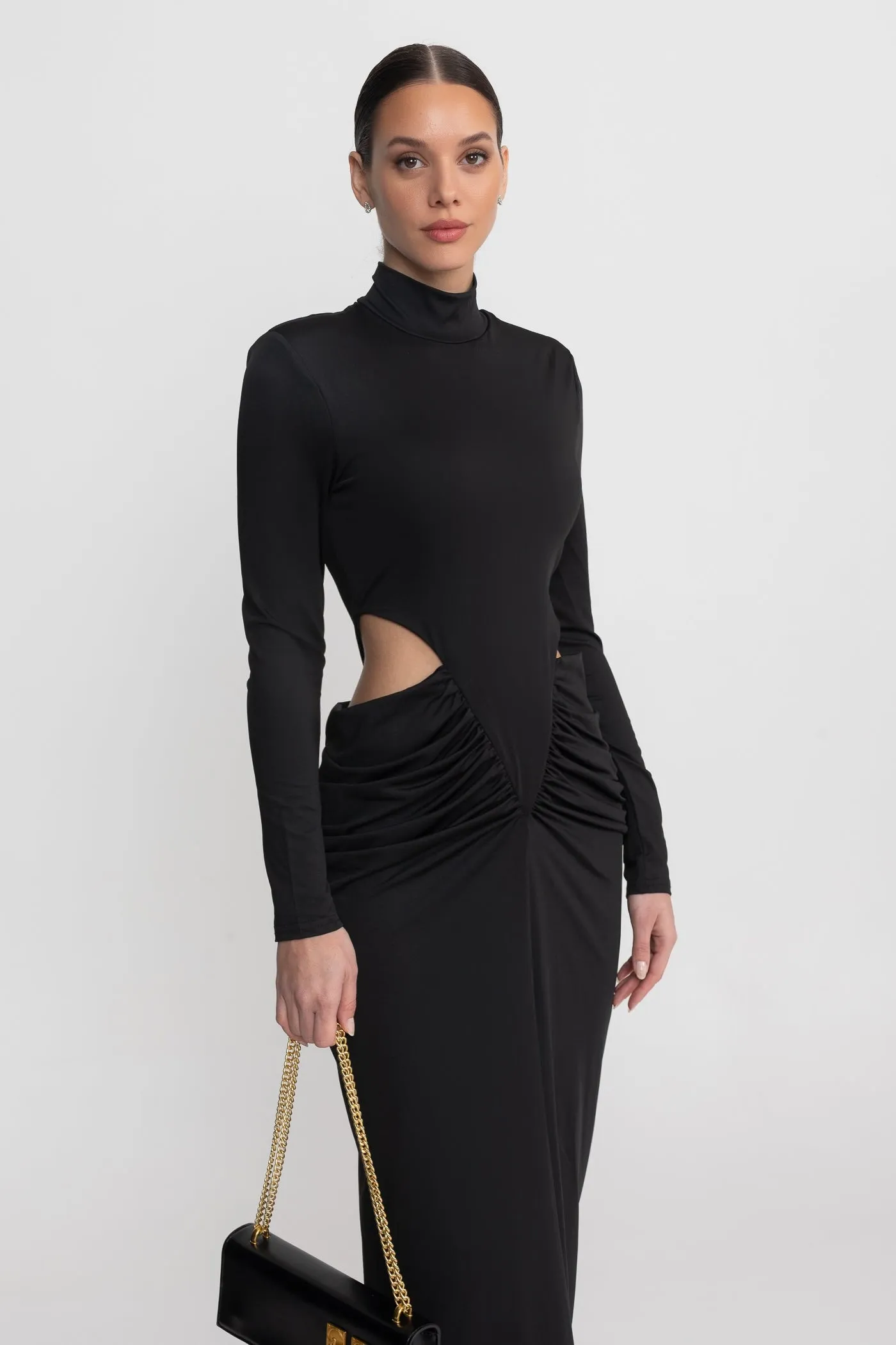 High Neck Maxi Dress With Long Sleeves And Waist Cut-Out Detail - Black sold by Sierra darien product image thumbnail 3