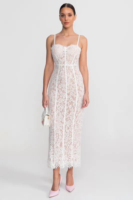 Lace Midi Dress With Sheer Corset Bodice - White made by Sierra darien