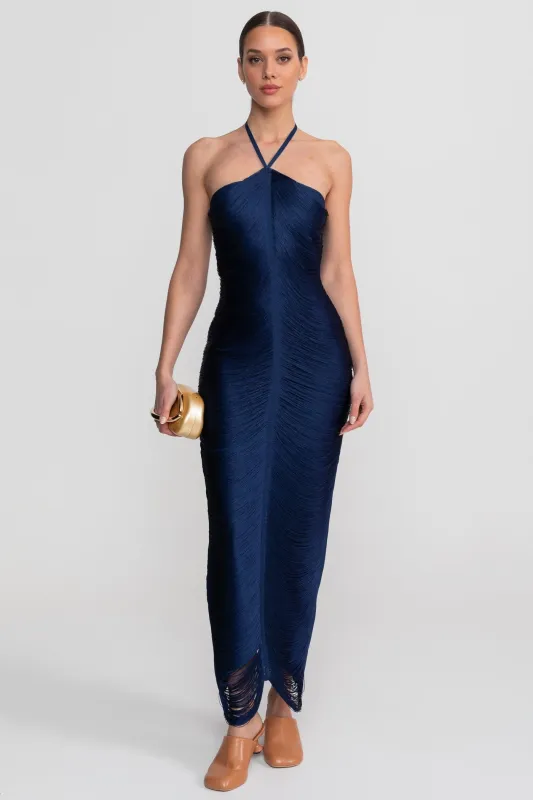 Halter Neck Midi Dress With All-Over Pleated Texture - Blue made by Sierra darien
