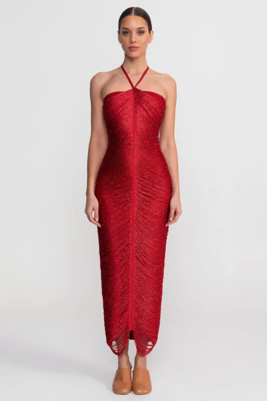 Halter Neck Midi Dress With All-Over Pleated Texture - Red made by Sierra darien