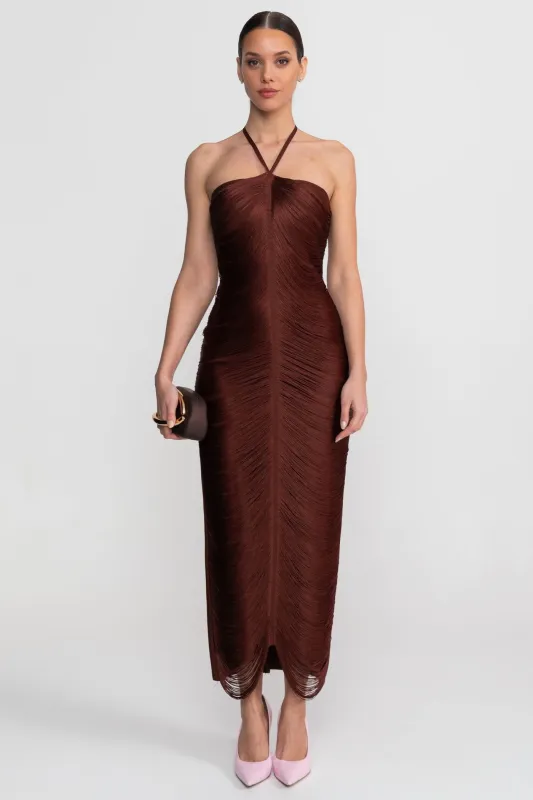 Halter Neck Midi Dress With All-Over Pleated Texture - Brown made by Sierra darien