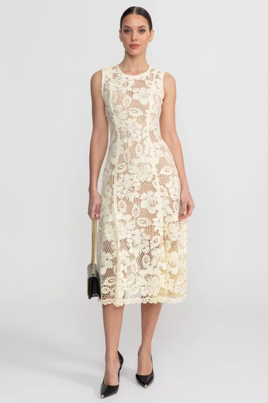 Lace Sleeveless Midi Dress With Round Neckline And Scalloped Hem - Yellow made by Sierra darien