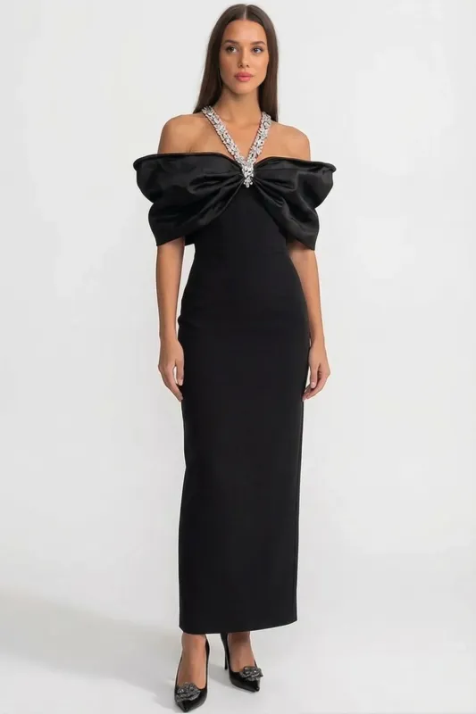 Embellished Bow-Neck Maxi Dress with Crystal Straps – Black made by Sierra darien