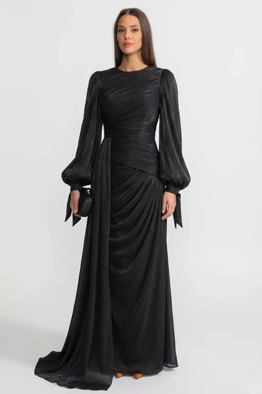 Draped Long-Sleeve Maxi Dress with Gathered Waist – Black made by Sierra darien