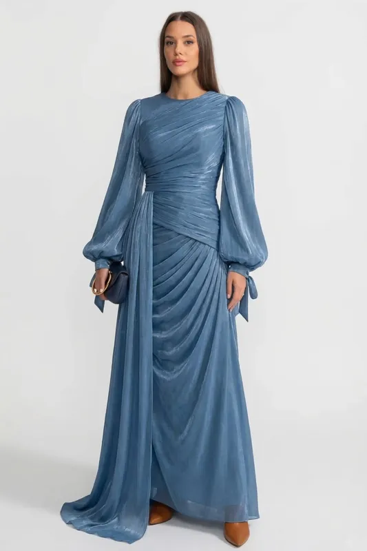 Draped Long-Sleeve Maxi Dress with Gathered Waist – Light Blue made by Sierra darien