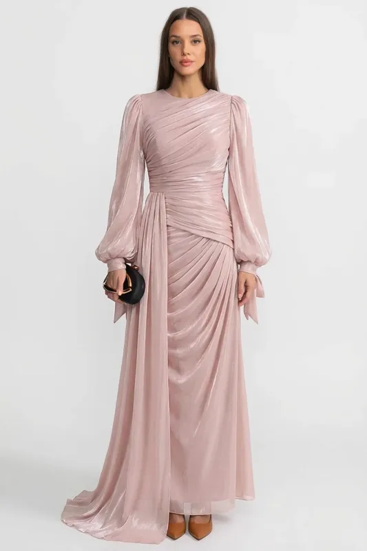 Draped Long-Sleeve Maxi Dress with Gathered Waist – Blush Pink made by Sierra darien