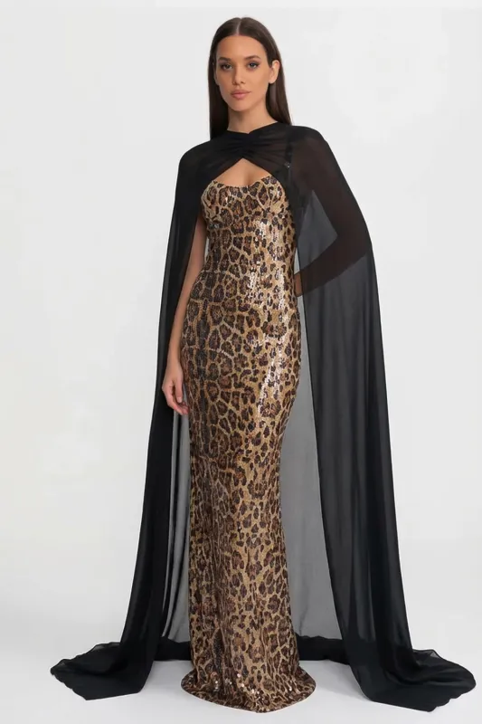 Sequin Maxi Dress with Sheer Cape Overlay – Leopard & Black made by Sierra darien