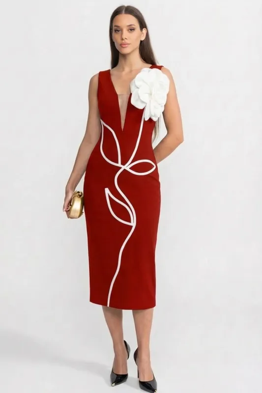 Structured Midi Dress with Sculpted Floral Accent – Red made by Sierra darien