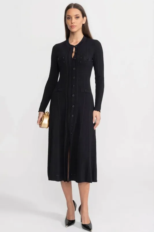 Knit Button-Front Midi Dress with Pointelle Detailing – Black made by Sierra darien