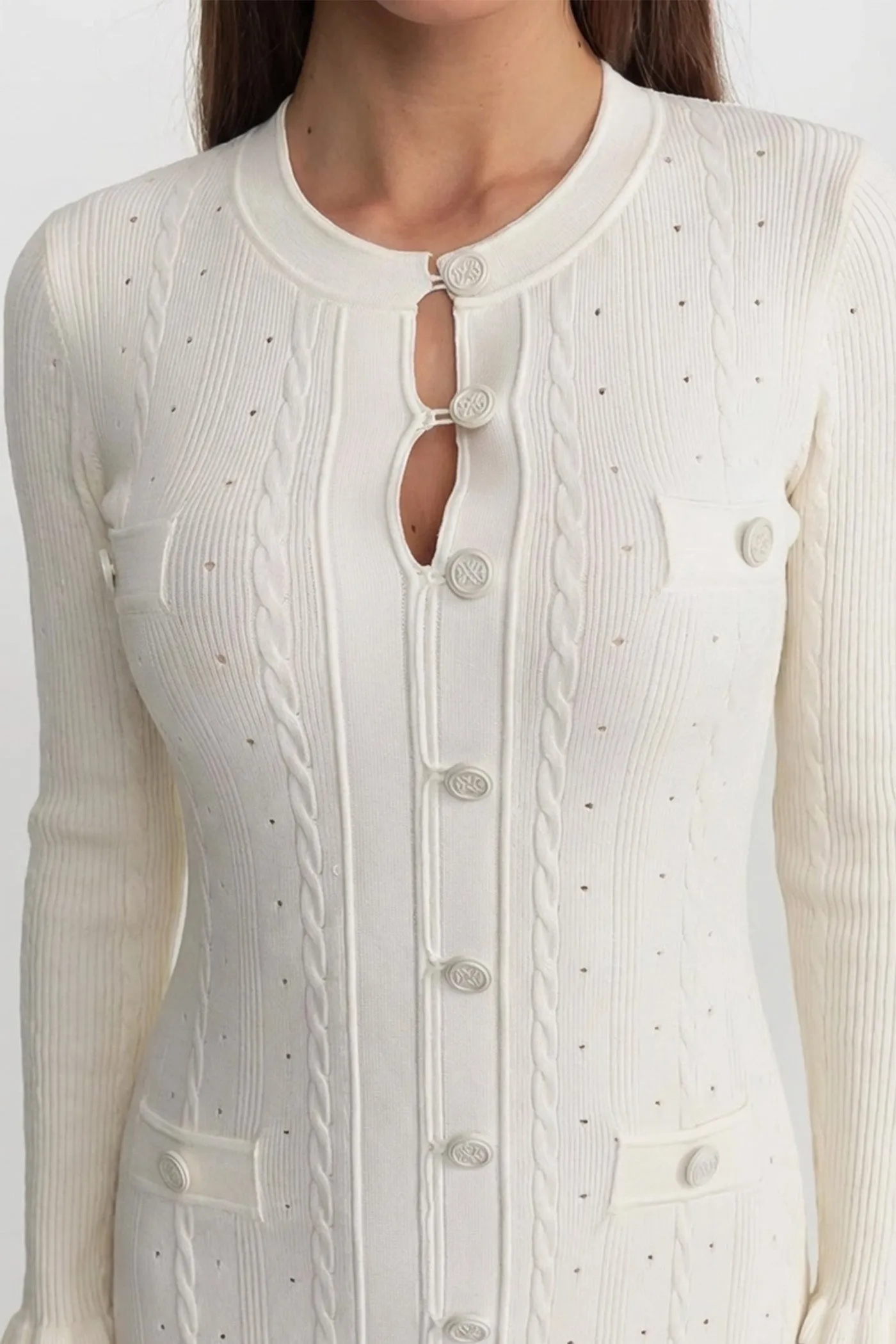 Knit Button-Front Midi Dress with Pointelle Detailing – Ivoire sold by Sierra darien product image thumbnail 3