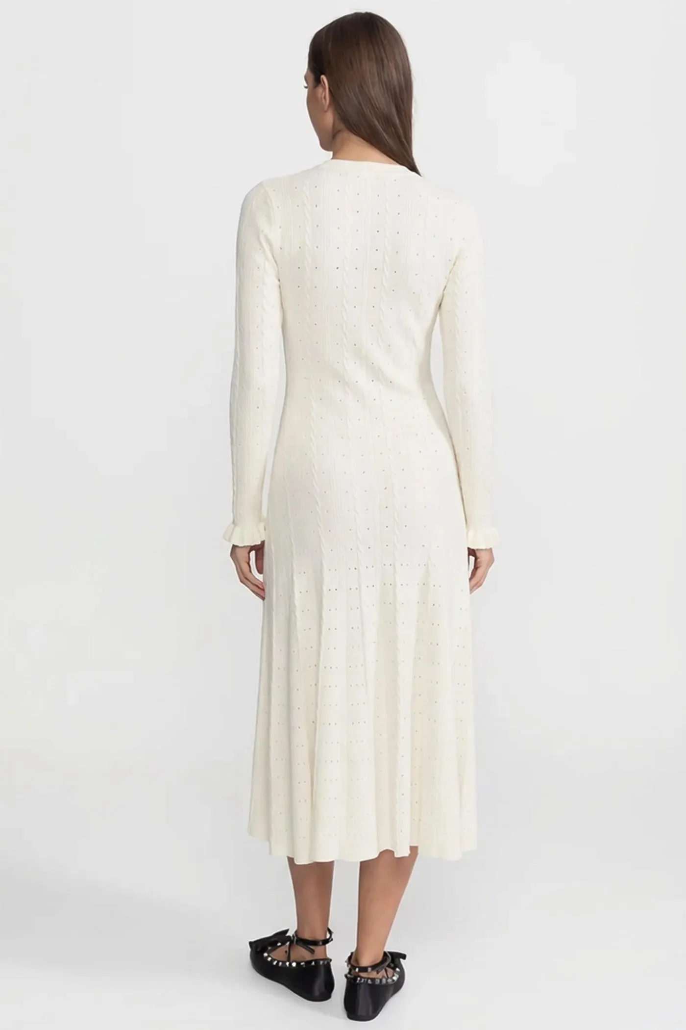 Knit Button-Front Midi Dress with Pointelle Detailing – Ivoire sold by Sierra darien product image thumbnail 4