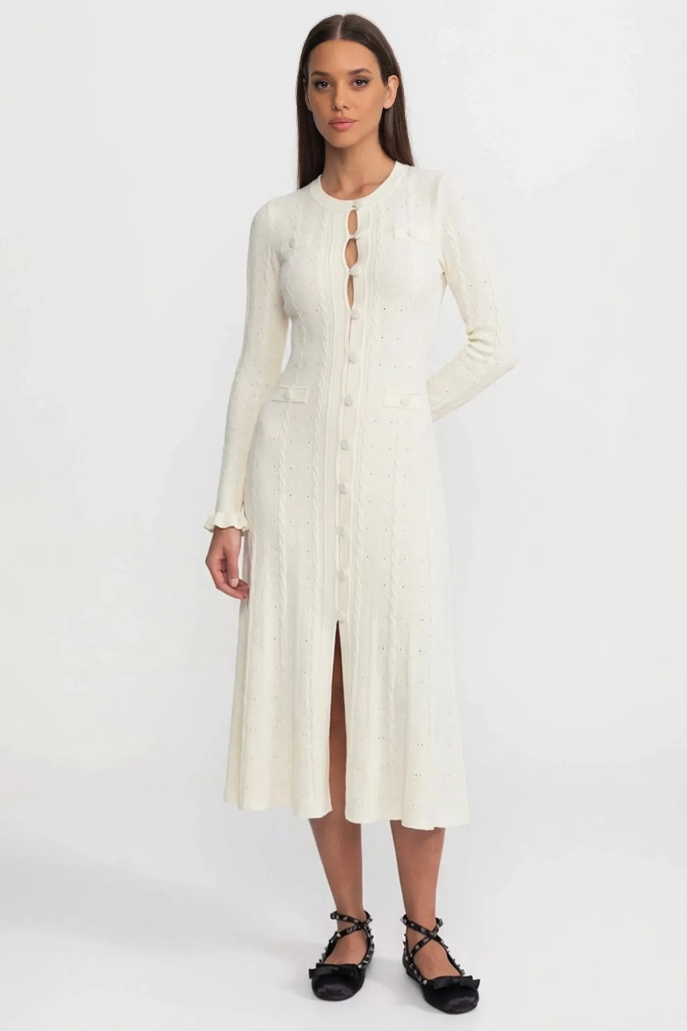 Knit Button-Front Midi Dress with Pointelle Detailing – Ivoire sold by Sierra darien