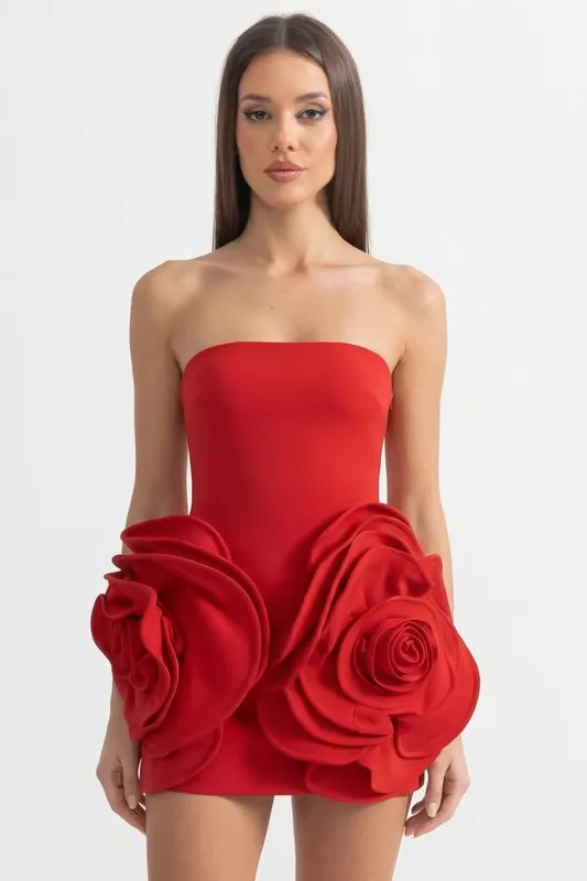 Strapless Sculptural Mini Dress with 3D Floral Appliqués – Red made by Sierra darien