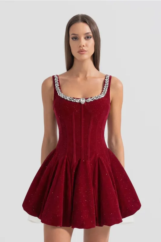Velvet Corset Mini Dress with Crystal-Embellished Neckline – Burgundy made by Sierra darien
