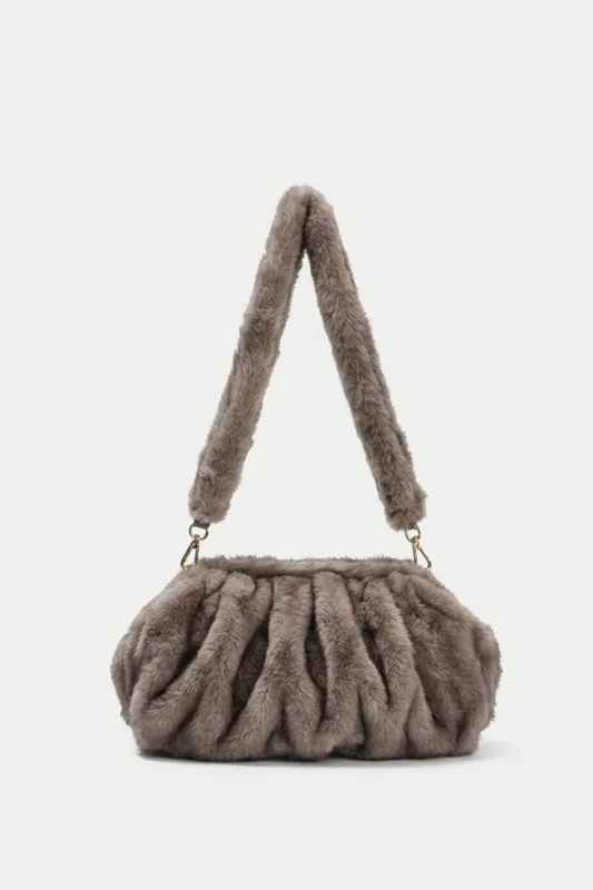 Faux Fur Shoulder Bag with Ruched Design – Khaki made by Sierra darien