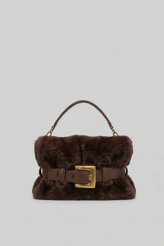 Faux Fur Handbag with Belt Buckle Detail – Brown made by Sierra darien