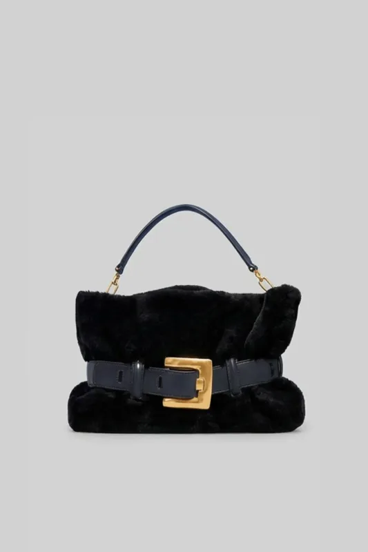 Faux Fur Handbag with Belt Buckle Detail – Black made by Sierra darien
